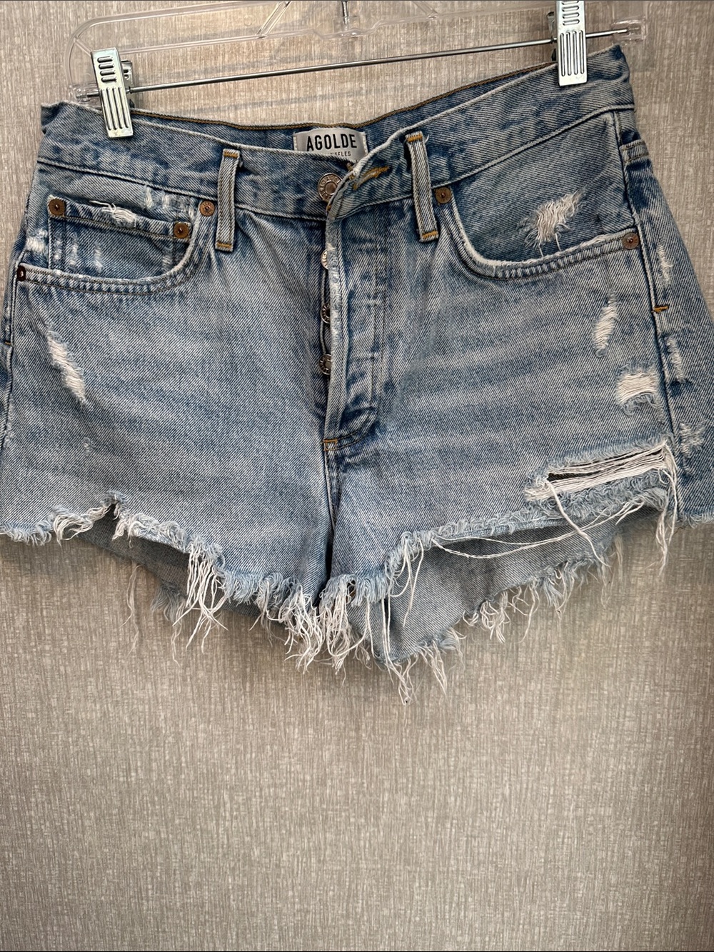 Agolde Light Blue Distressed Frayed Hem Denim Shorts
